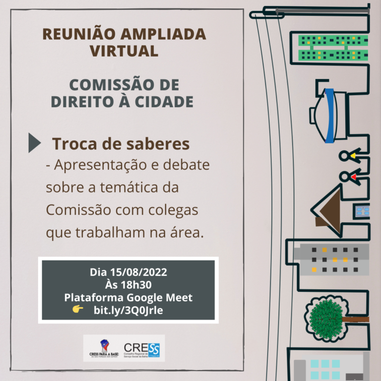Próxima segunda-feira (15/08) tem reunião da Comissão de Direito à Cidade, participe!