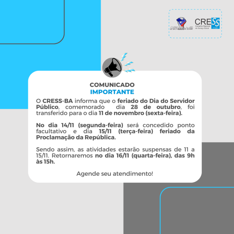 CRESS-BA suspende atividades durante feriado; saiba mais