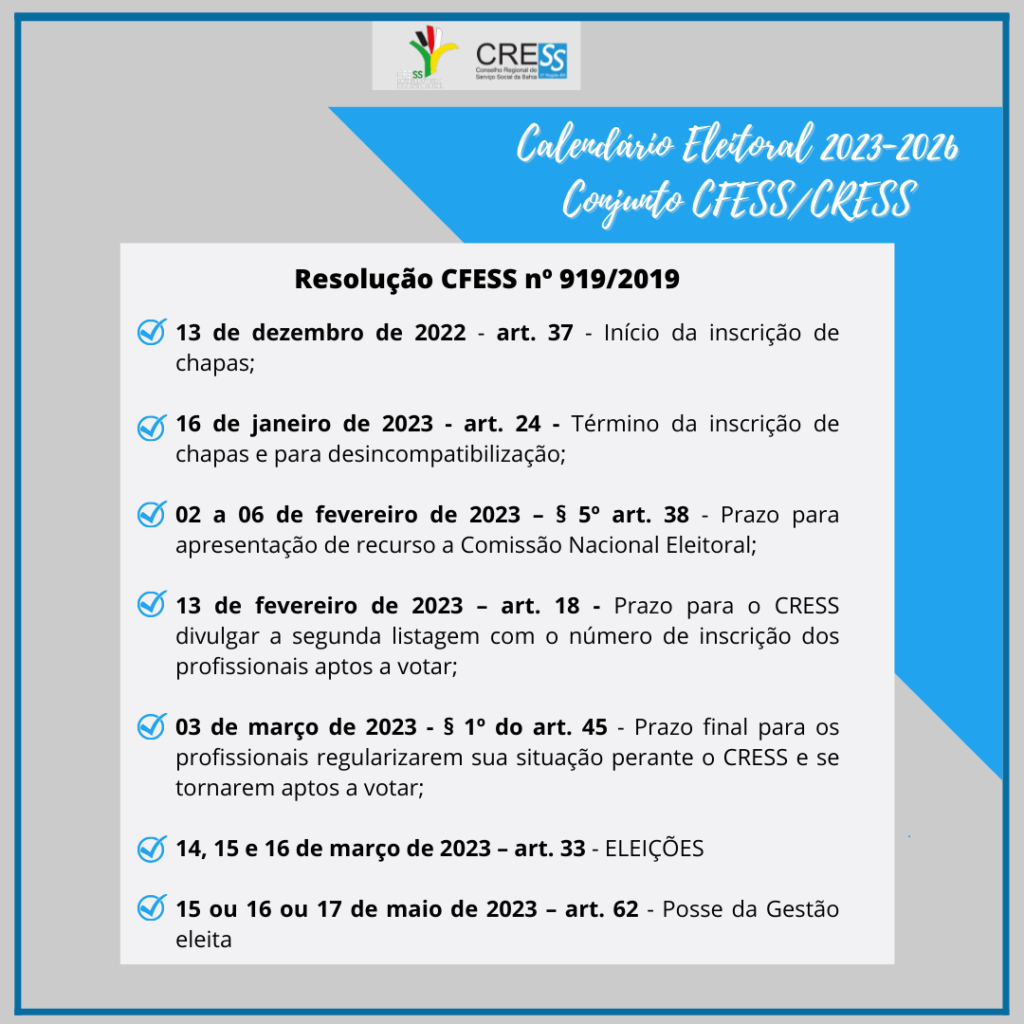 Vêm aí as eleições do Conjunto CFESS-CRESS para o triênio 2023-2026; confira calendário