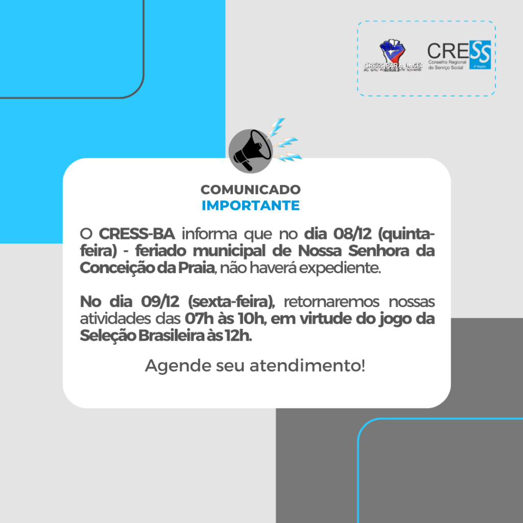 CRESS-BA suspende atividades no dia 08/12 – feriado municipal; saiba mais