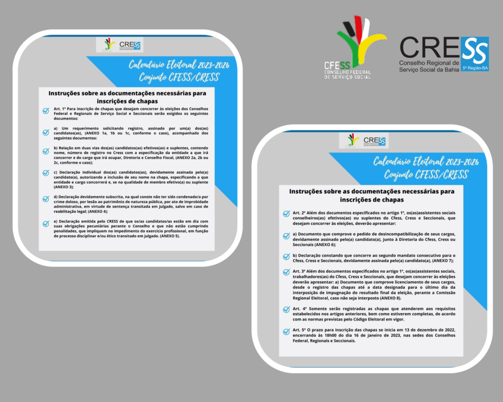 Eleições CFESS-CRESS: Instruções sobre as documentações necessárias para inscrições de chapas