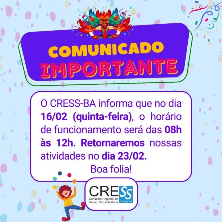 CRESS-BA informa recesso de Carnaval; confira