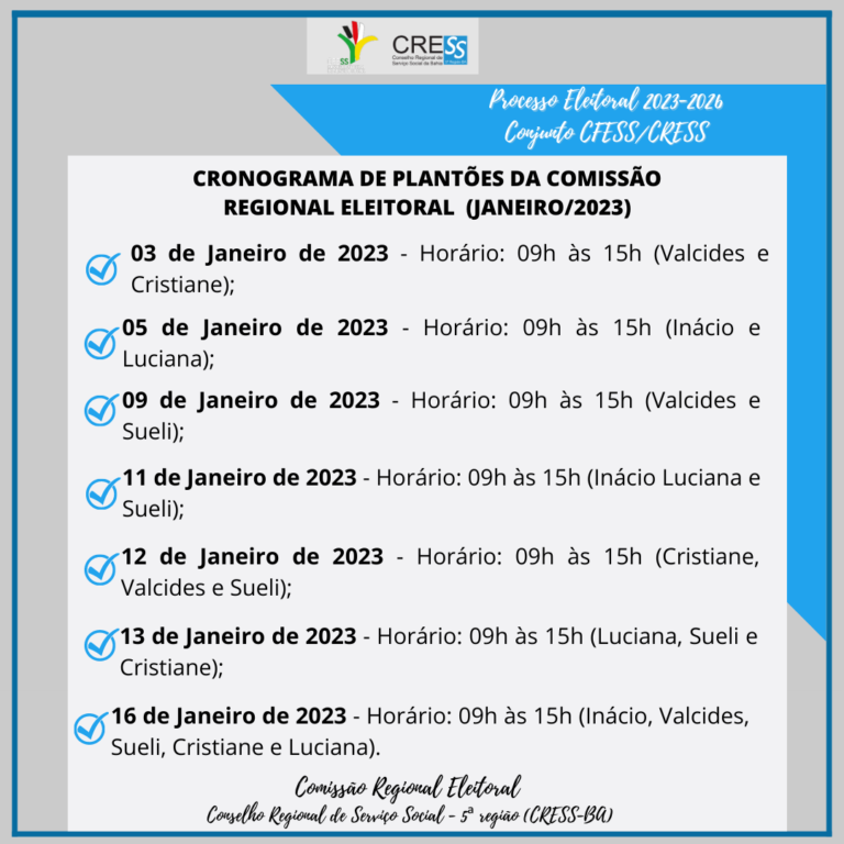 Eleições CFESS-CRESS: Comissão Regional Eleitoral 2023-2026 divulga cronograma de plantões em janeiro; confira