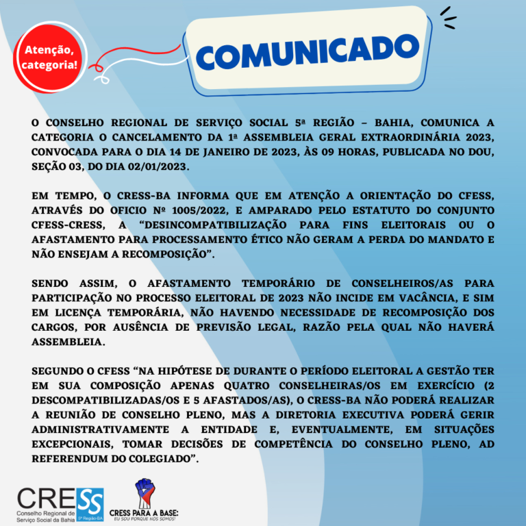 CRESS-BA emite comunicado de cancelamento de Assembleia Extraordinária; confira