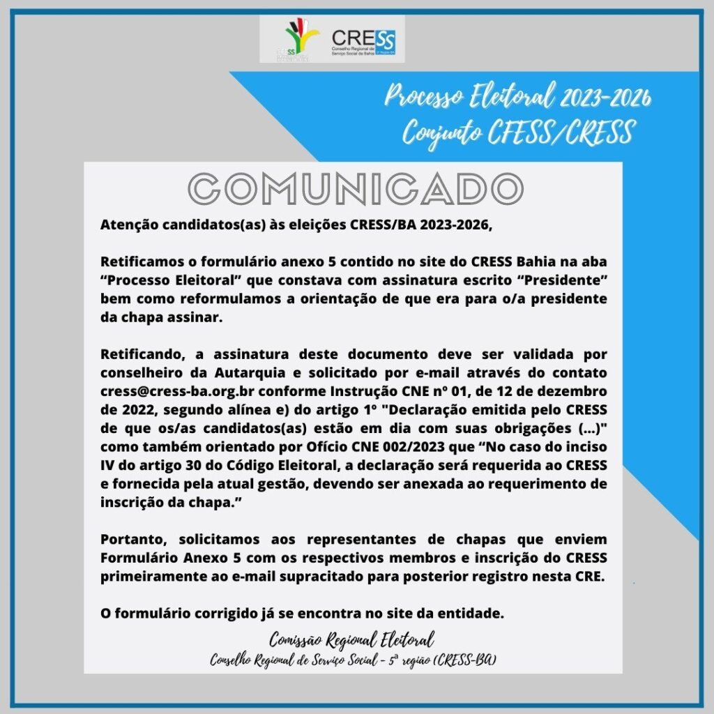 Eleições CFESS-CRESS: Comissão Regional Eleitoral 2023-2026 divulga comunicado de retificação; confira