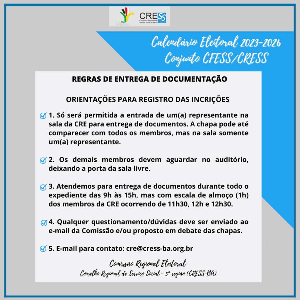 Eleições CFESS-CRESS: Comissão Regional Eleitoral 2023-2026 divulga orientações para inscrições de chapas; confira