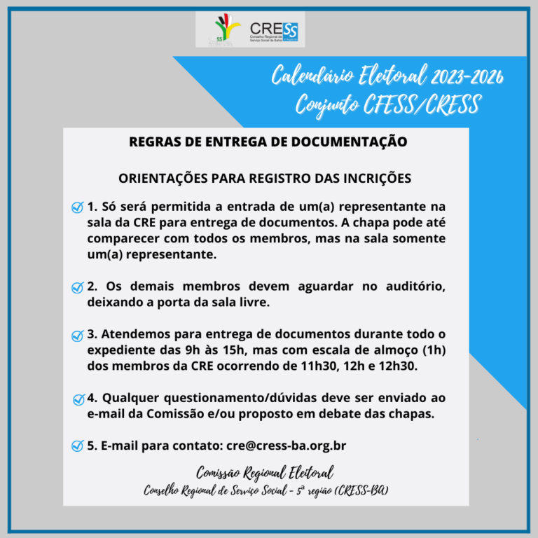 Eleições CFESS-CRESS: Comissão Regional Eleitoral 2023-2026 divulga orientações para inscrições de chapas; confira