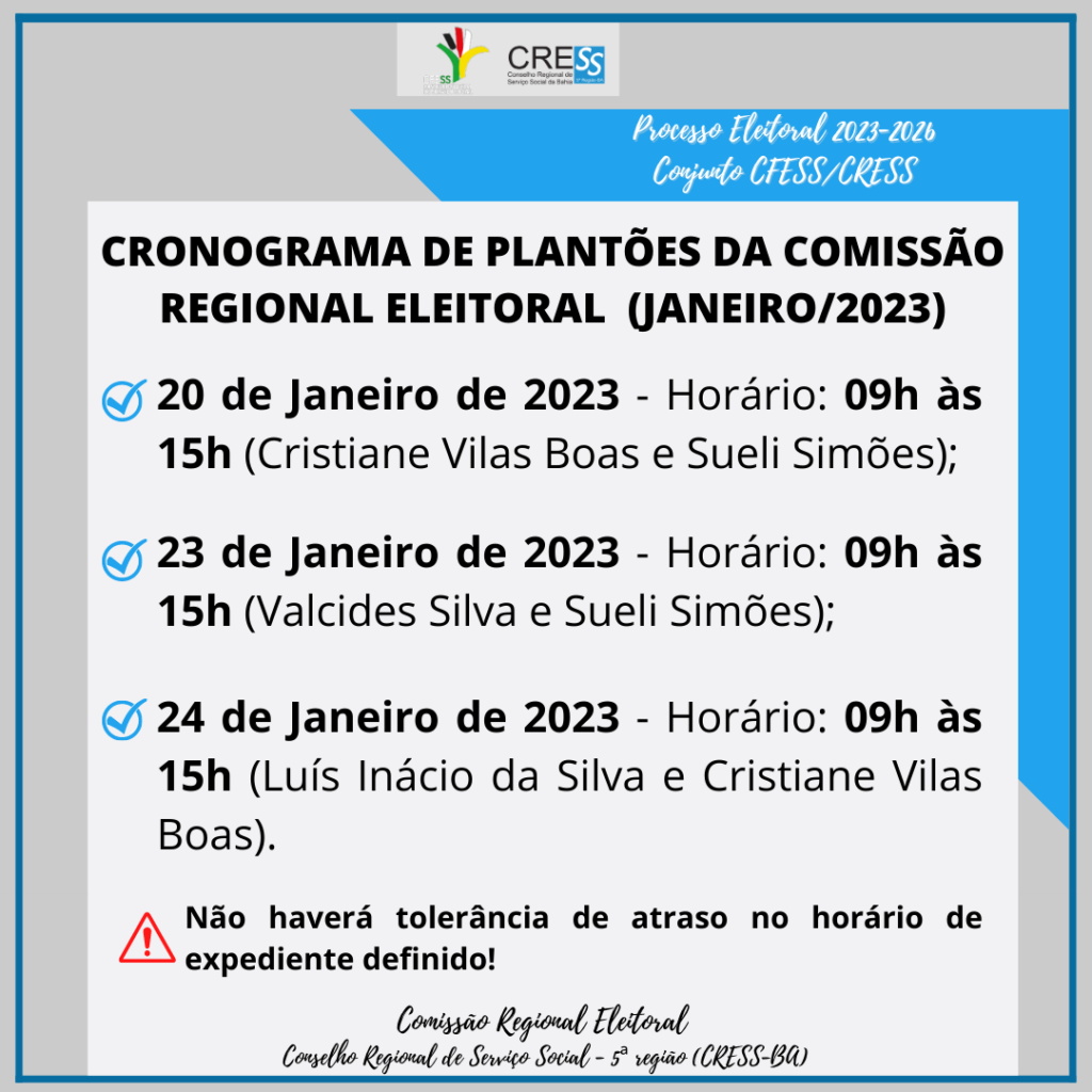 Eleições CFESS-CRESS: Comissão Regional Eleitoral 2023-2026 divulga cronograma de plantões; confira