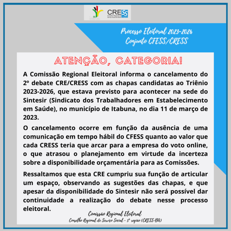 Eleições CFESS-CRESS: Comissão Regional Eleitoral 2023-2026 divulga comunicado; confira