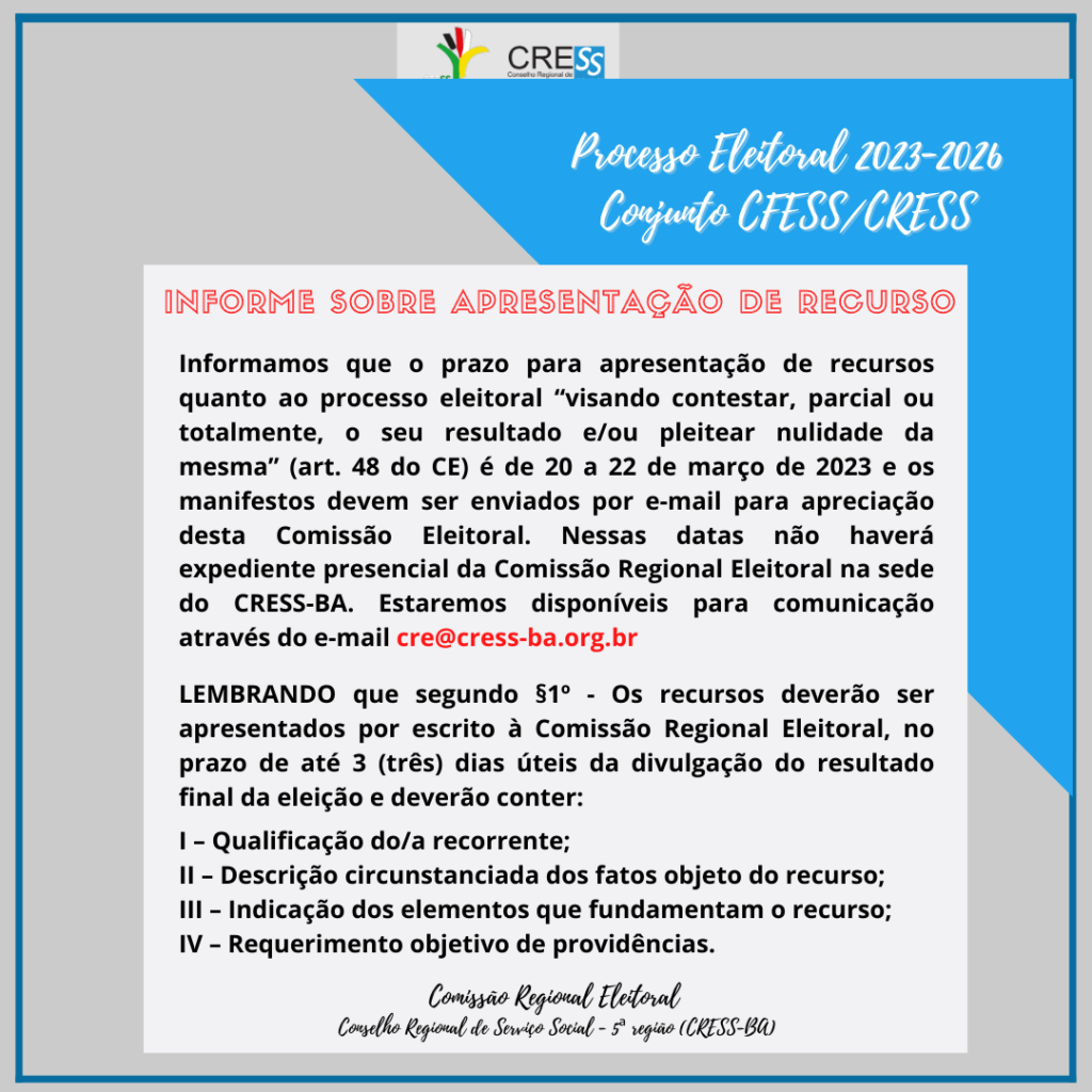Eleições CFESS-CRESS: Informe sobre apresentação de recurso