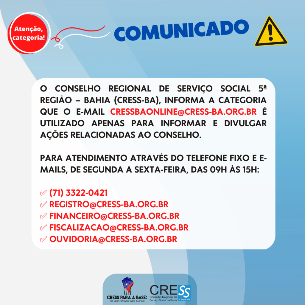 CRESS-BA divulga comunicado; confira