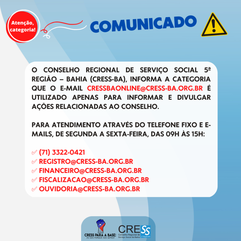 CRESS-BA divulga comunicado; confira