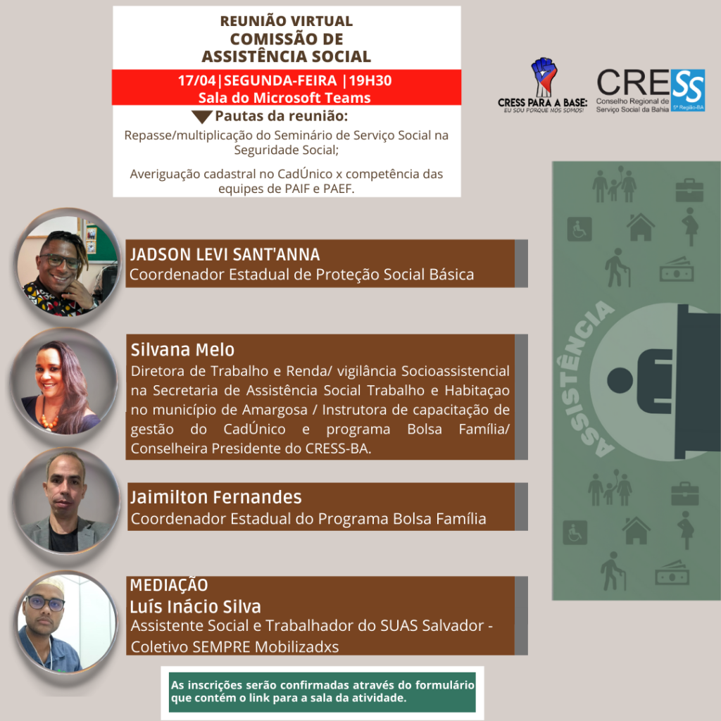Comissão de Assistência Social do CRESS-BA convida para reunião virtual na próxima segunda-feira (17)