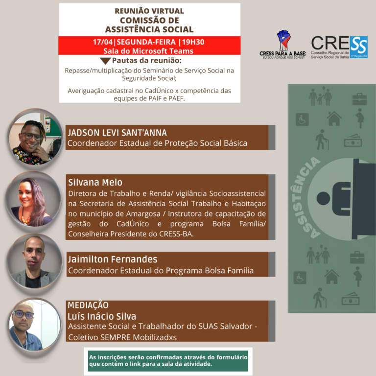 Comissão de Assistência Social do CRESS-BA convida para reunião virtual na próxima segunda-feira (17)