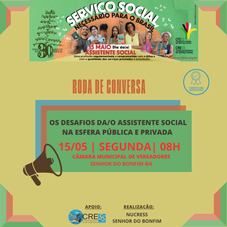 NUCRESS Senhor do Bonfim realiza roda de conversa no próximo dia 15/05; participe