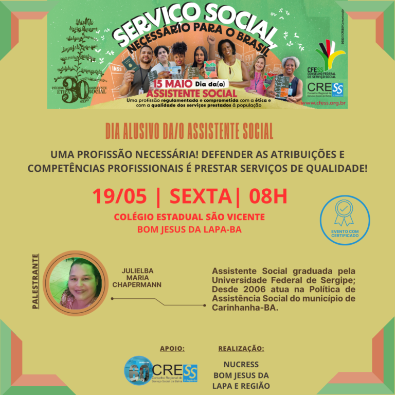 NUCRESS Bom Jesus da Lapa organiza dia alusivo da/o Assistente Social; participe