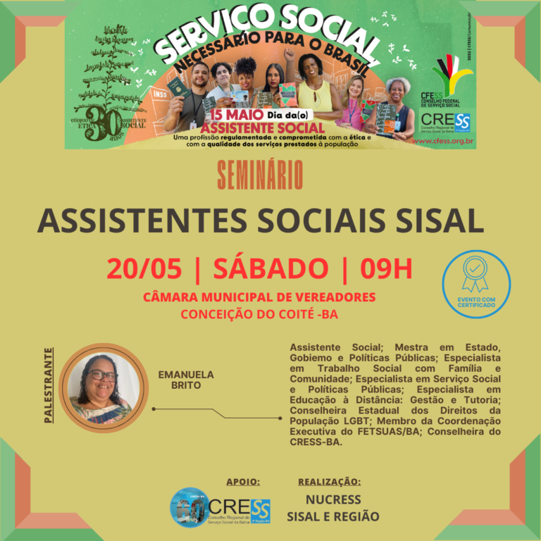 NUCRESS SISAL realiza sábado (20) Seminário em alusão do Dia da/o Assistente Social em Conceição do Coité-BA