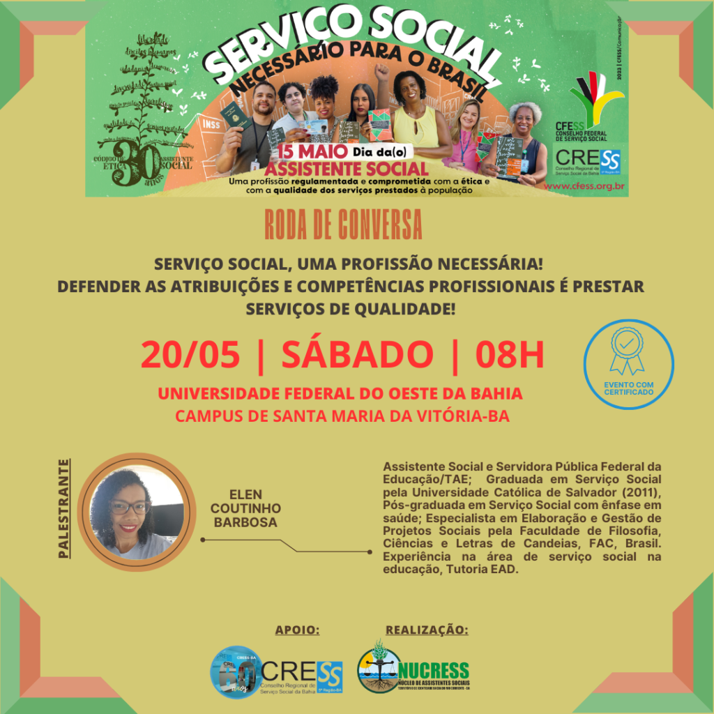 NUCRESS Bacia do Rio Corrente realiza evento alusivo ao Dia da/o Assistente Social no próximo sábado (20); saiba como participar