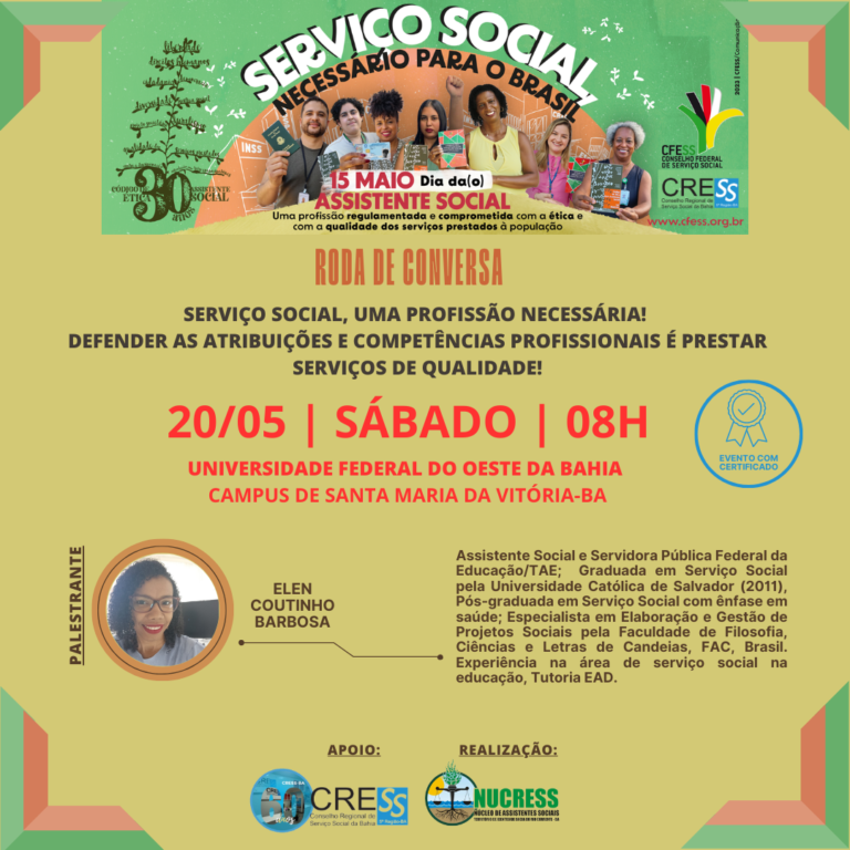 NUCRESS Bacia do Rio Corrente realiza evento alusivo ao Dia da/o Assistente Social no próximo sábado (20); saiba como participar