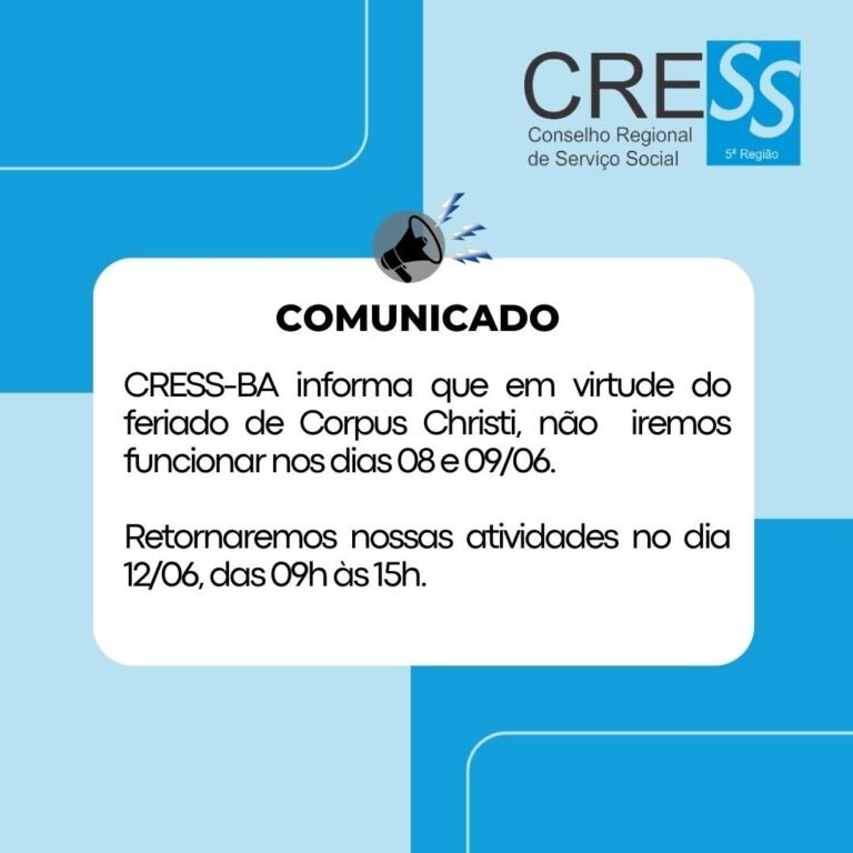 CRESS-BA divulga comunicado sobre o feriado de Corpus Christi; confira