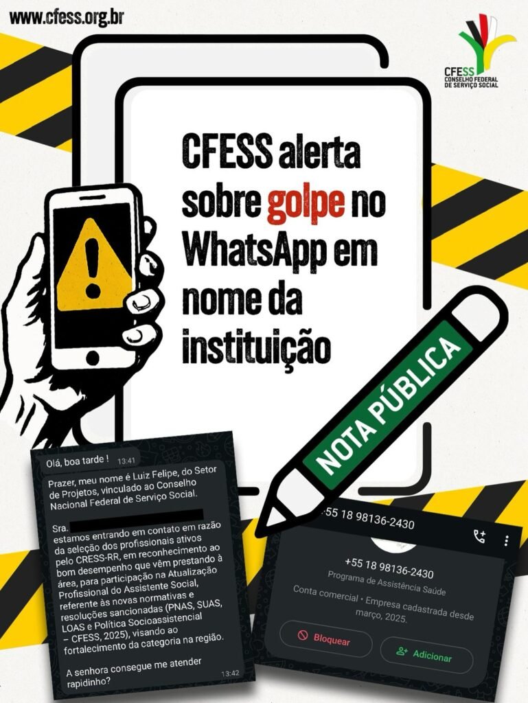 Alerta! Pessoas estão se passando por representantes do CFESS pelo WhatsApp
