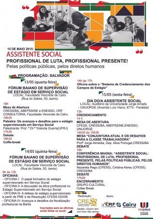 15 de maio 2015: CRESS-BA divulga programação comemorativa do dia do/a Assistente Social em Salvador