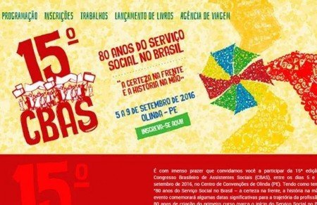 Inscrições abertas para o 15º Congresso Brasileiro de Assistentes Sociais (CBAS)